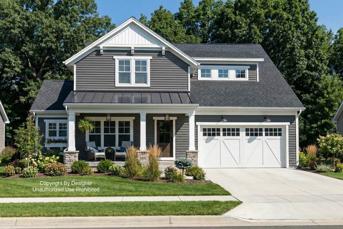 A two-story house with gray siding, a white garage door, and a front porch. Landscaping includes bushes, green grass, and trees in the background.