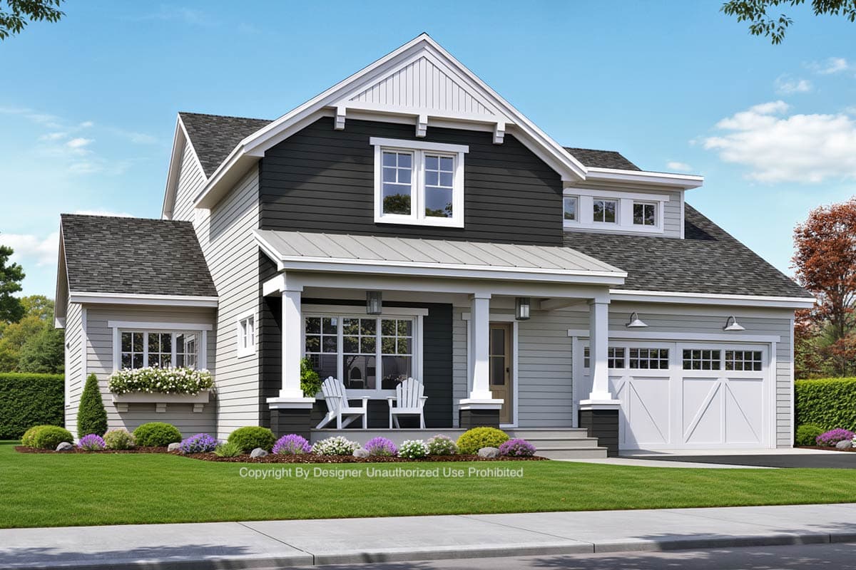 Modern Farmhouse house plan exterior, two stories, covered porch, gables, and attached two-car garage.