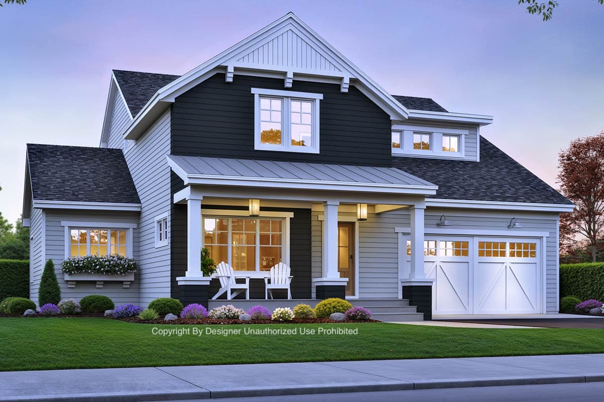 House plan exterior, two stories, with a gabled front, covered porch with columns, and a two-car side-facing garage.