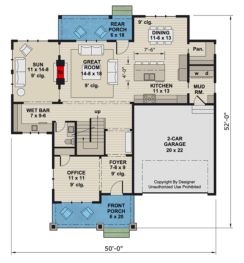 Plan 14949RK: Two-Story 4-Bed Craftsman House Plan with Home Office - 2748 Sq Ft - Floor Plan - Main Level - Craftsman, Traditional