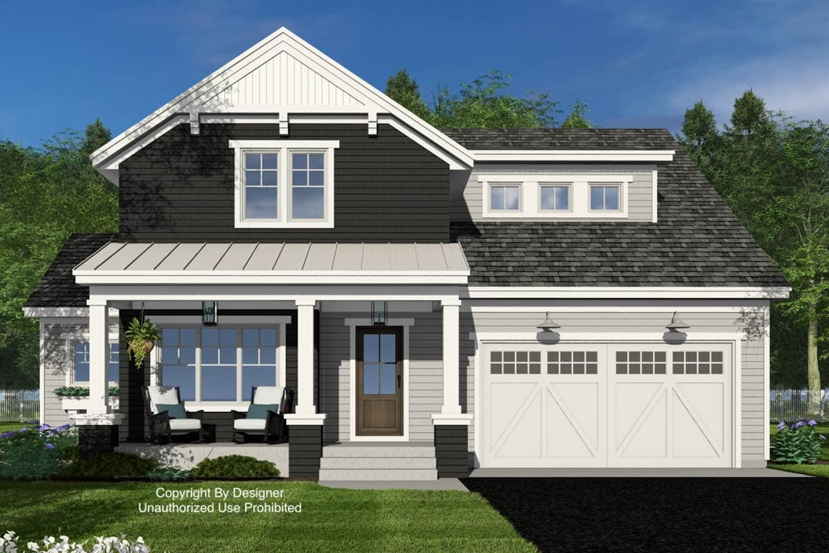 House plan exterior: two-story Modern Farmhouse with gabled dormer, covered porch, and a side-entry two-car garage.