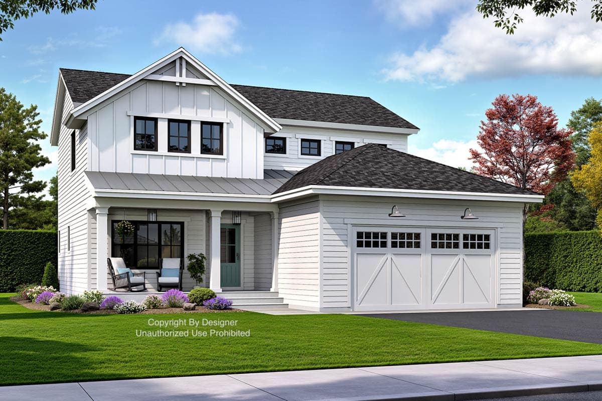 Modern Farmhouse house plan exterior with a covered front porch, two-car garage, board and batten siding, and gabled rooflines.