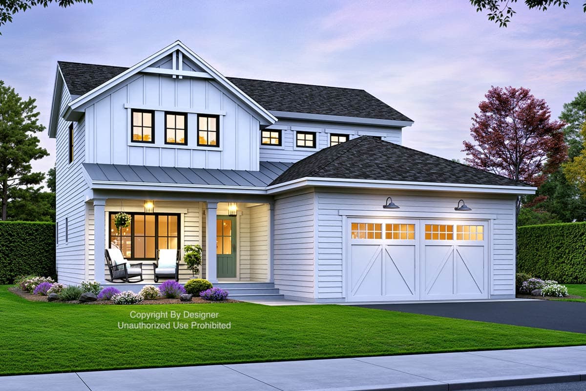 Modern Farmhouse house plan exterior with two stories, porch, gables, dormers, and a side-entry garage.