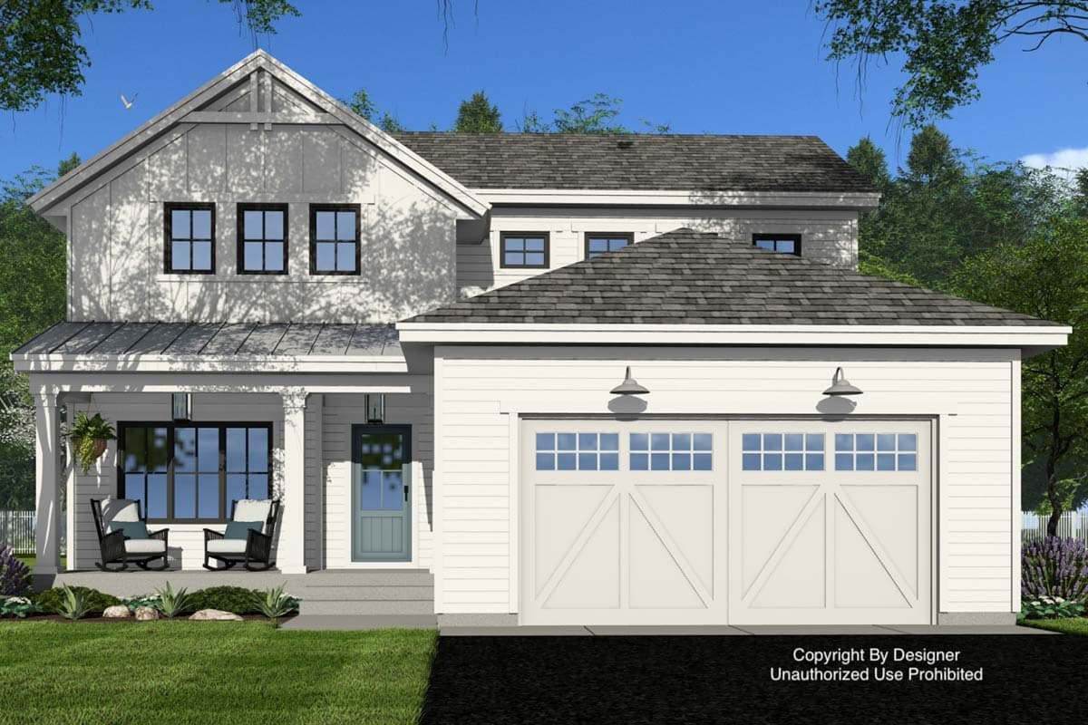 House plan exterior: Modern Farmhouse style, two stories, gabled dormer, covered porch with posts, and a side-entry two-car garage.
