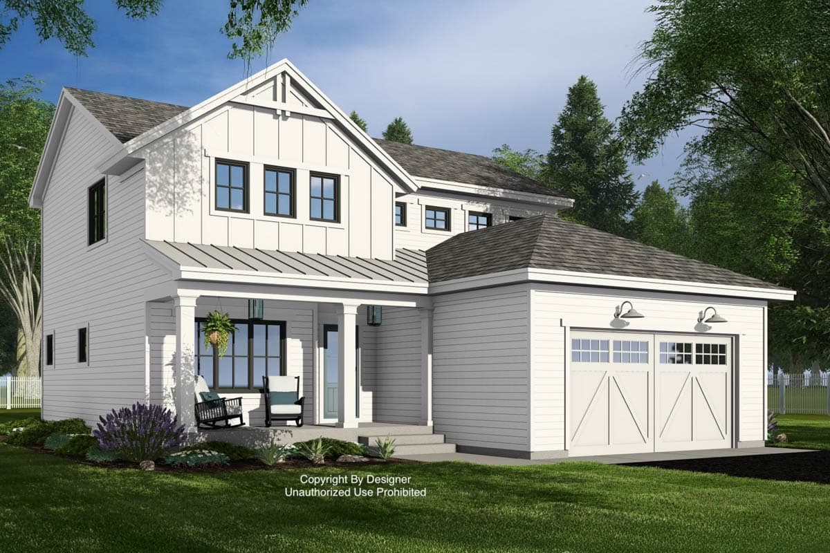 Modern Farmhouse house plan exterior with a covered porch, board-and-batten siding, and a detached two-car garage with carriage doors.