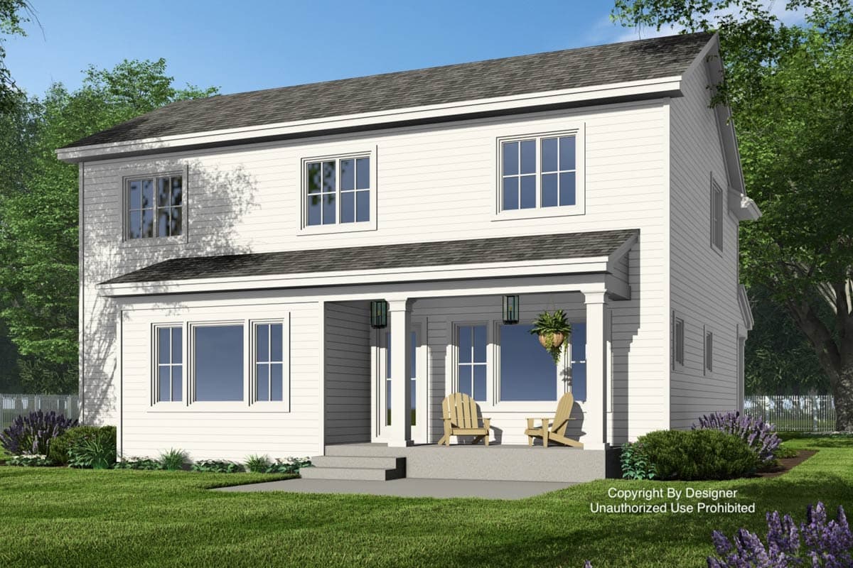 House plan exterior: two-story white siding house with a covered front porch, prominent gables, and multiple windows.