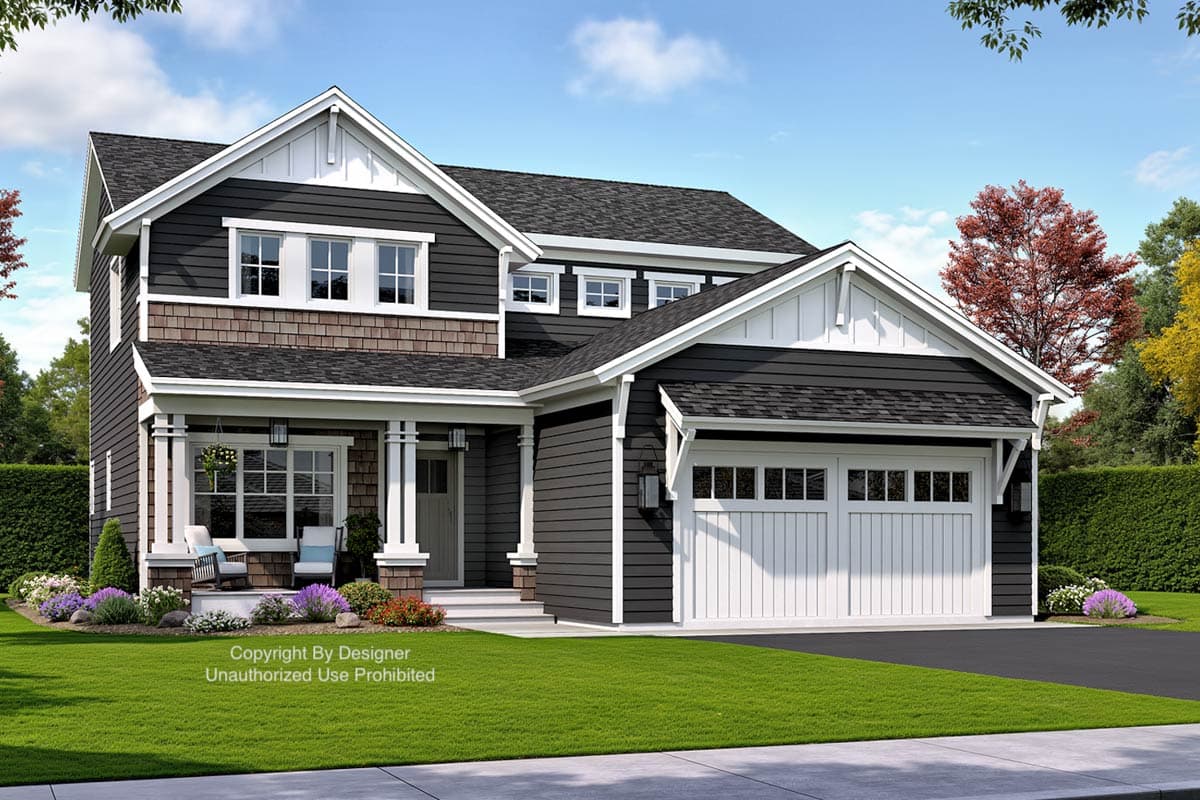 House plan exterior: Two-story home with a covered front porch, gable rooflines, shingle siding accents, and an attached two-car garage.