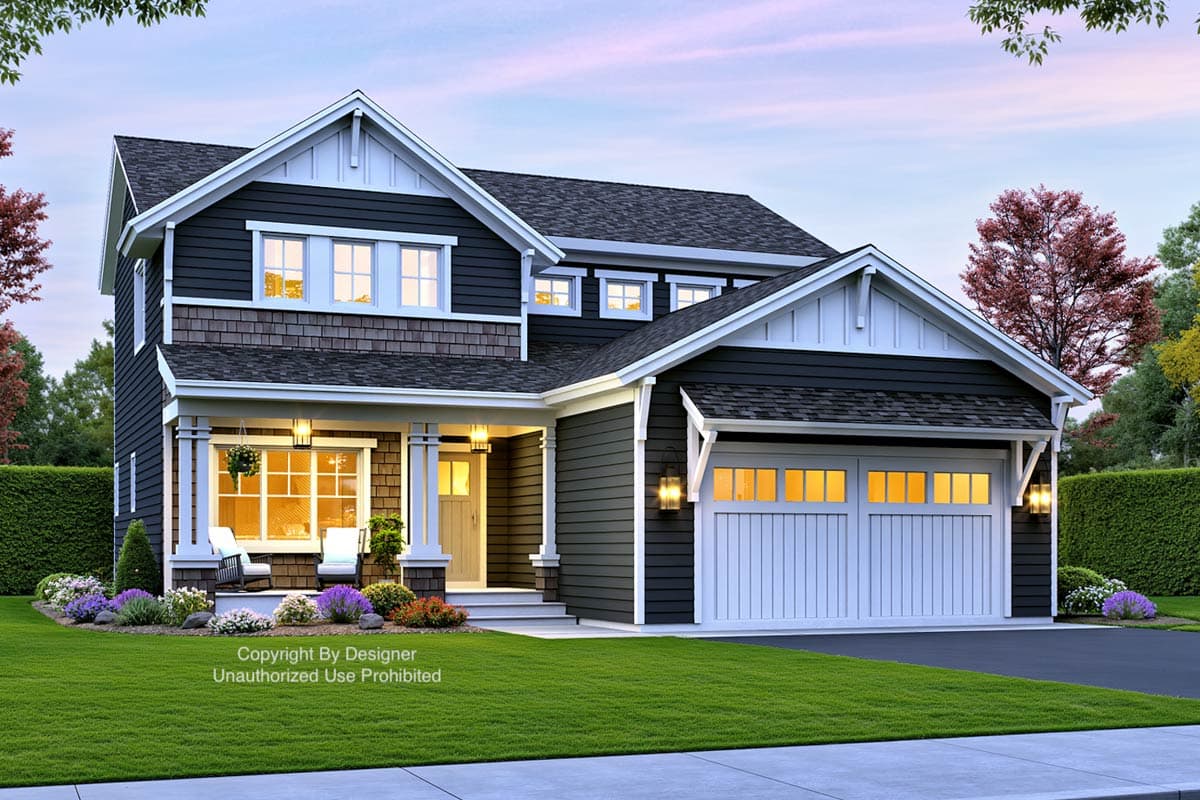 Modern Farmhouse style house plan exterior with two stories, covered porch, gables, and attached two-car garage.