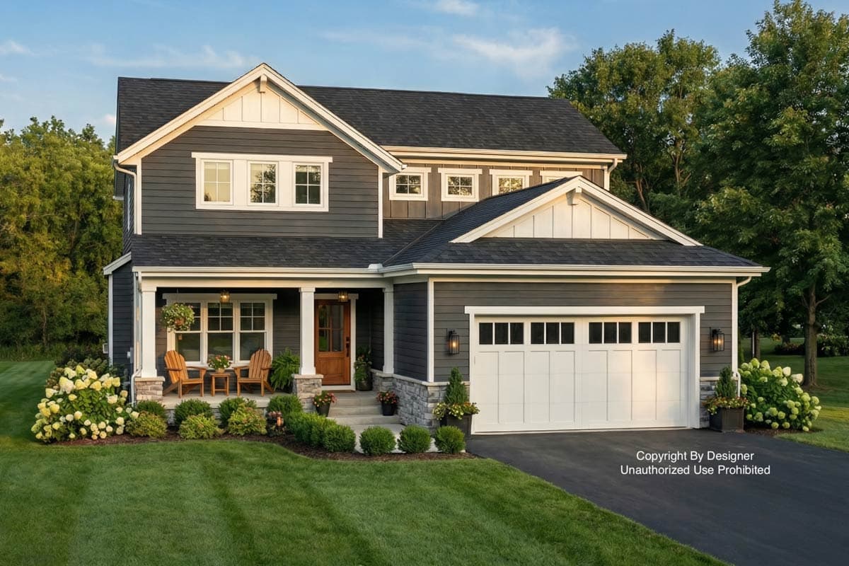 A two-story house with dark gray siding, white trim, and a welcoming front porch with Adirondack chairs. Lush green lawn and landscaping.