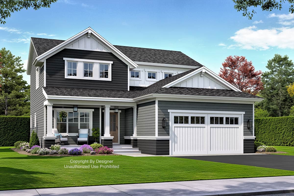 Two-story house plan exterior with covered front porch, gable dormers, and a two-car side-entry garage.