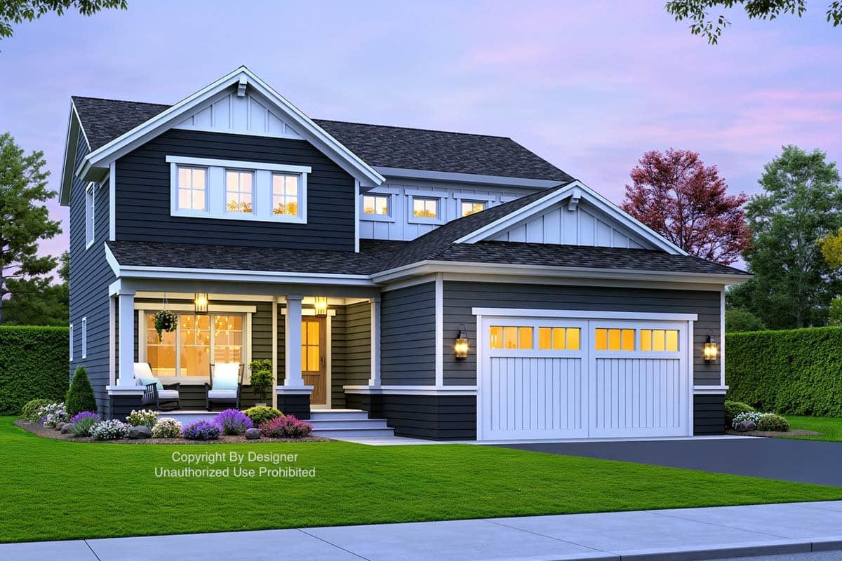 House plan exterior: Two-story Modern Farmhouse with covered front porch, gables, and two-car garage.
