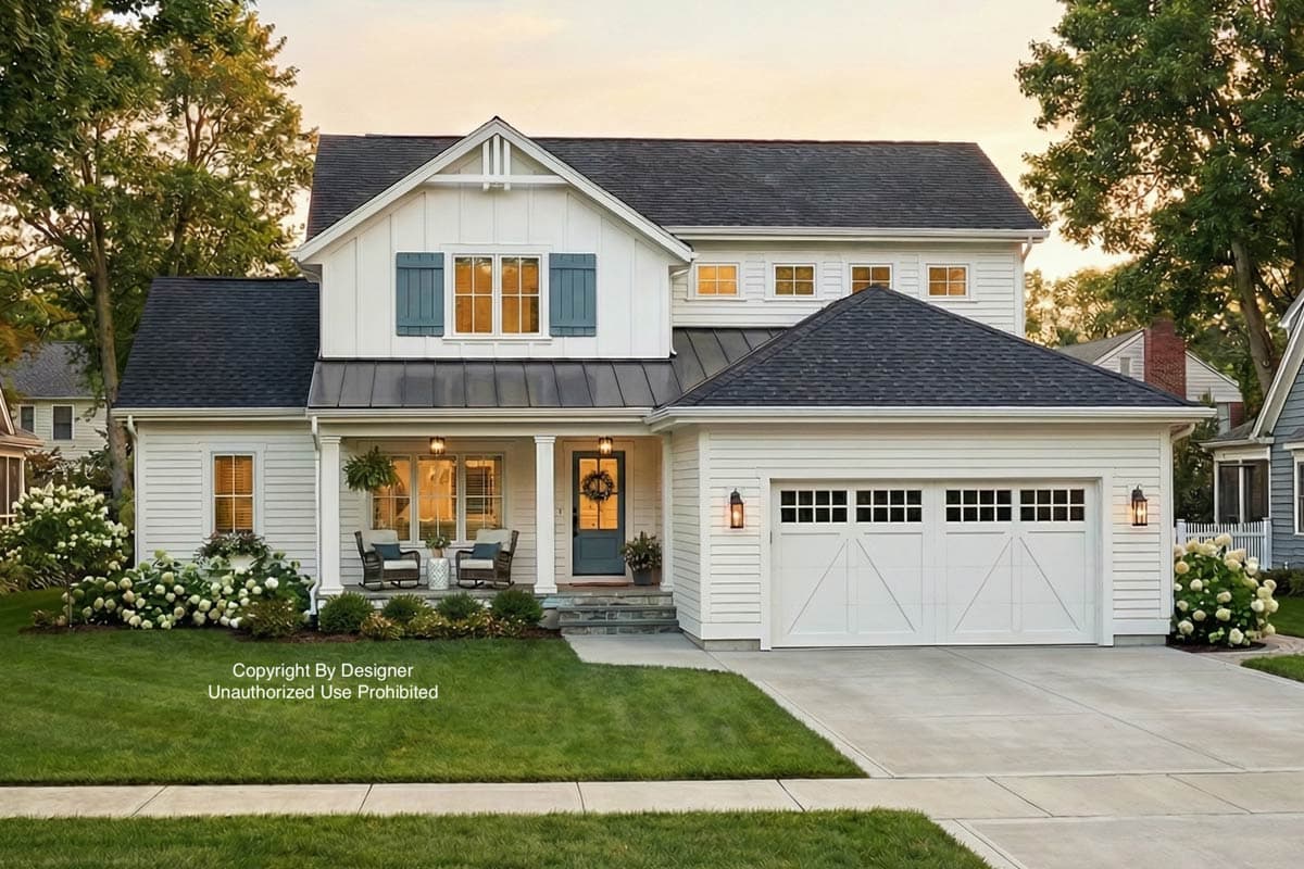 A two-story white house with a black roof and a well-manicured lawn. The home has blue shutters, a front porch with chairs, and a two-car garage.