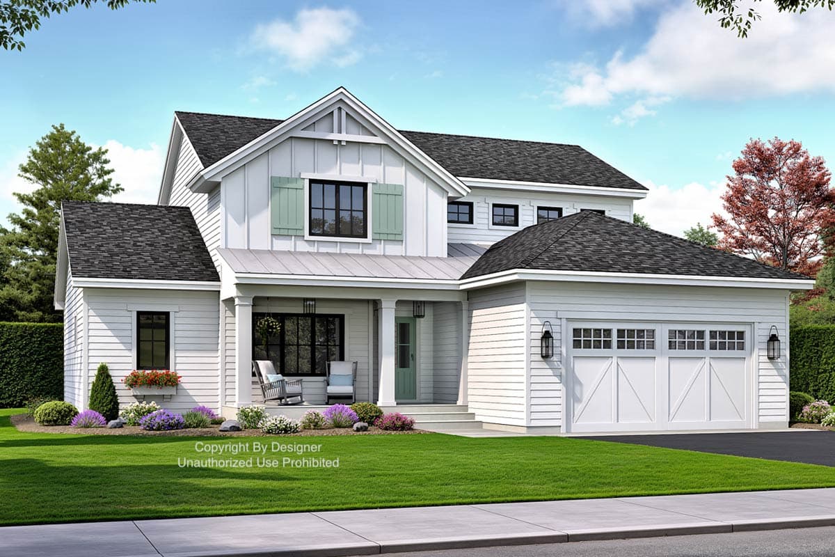 Modern Farmhouse house plan exterior with board and batten siding, gables, covered porch, and a two-car garage.