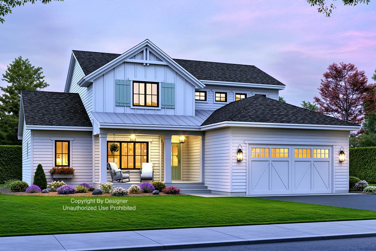 Modern Farmhouse style house plan exterior with gabled dormer, covered porch with rocking chairs, and a two-car garage.