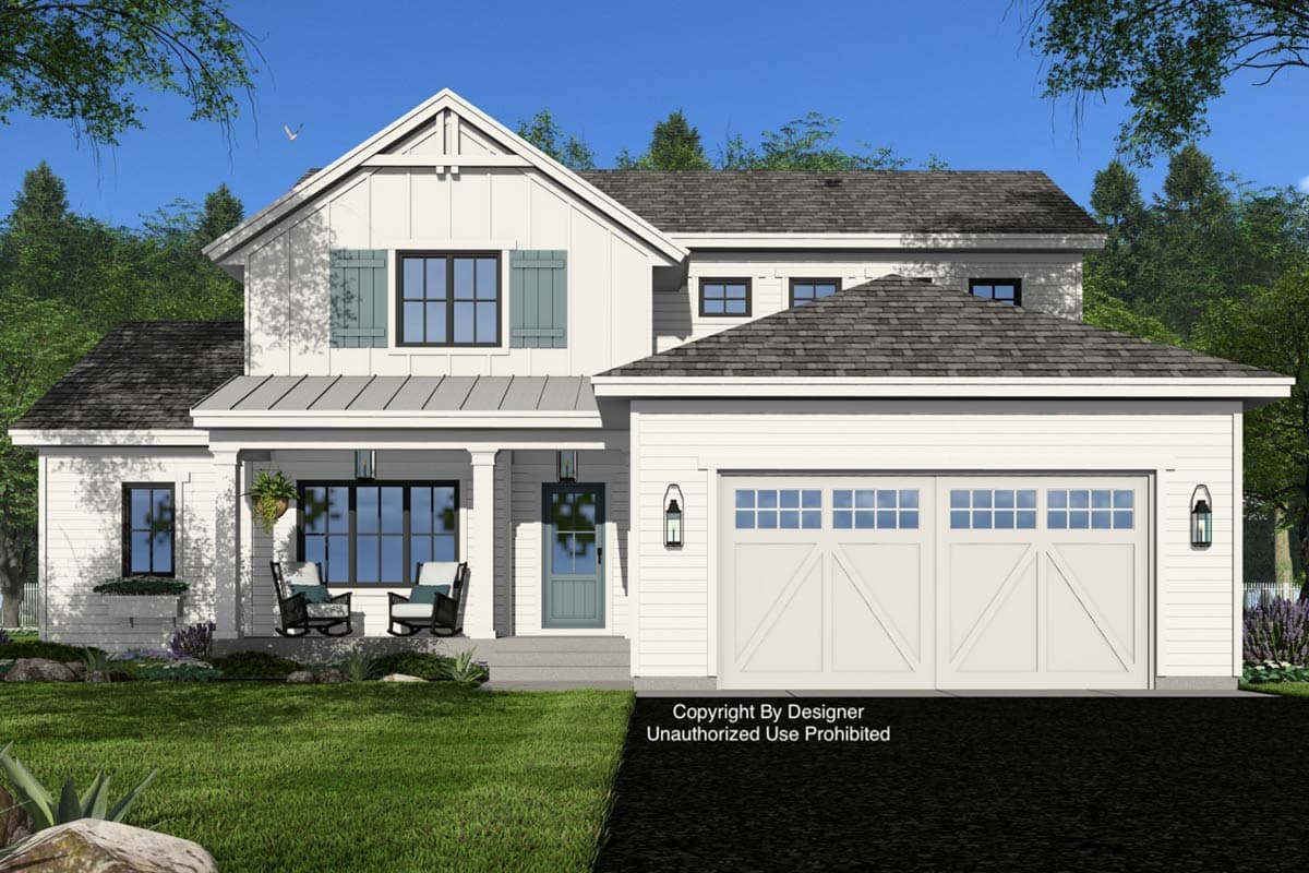 Modern Farmhouse house plan exterior with a covered front porch, gable roof, and a two-car garage.
