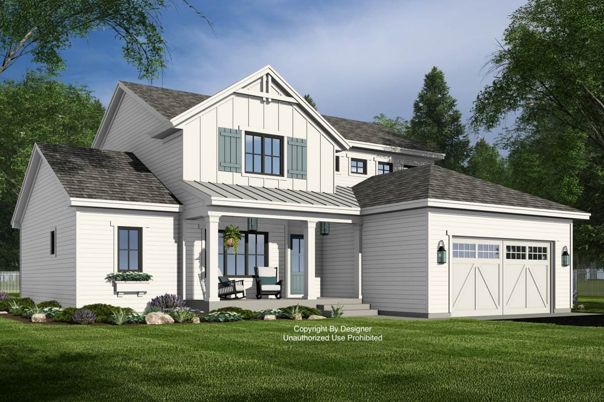 Modern farmhouse house plan exterior with a gabled front porch, vertical siding, board-and-batten accents, and a two-car garage.