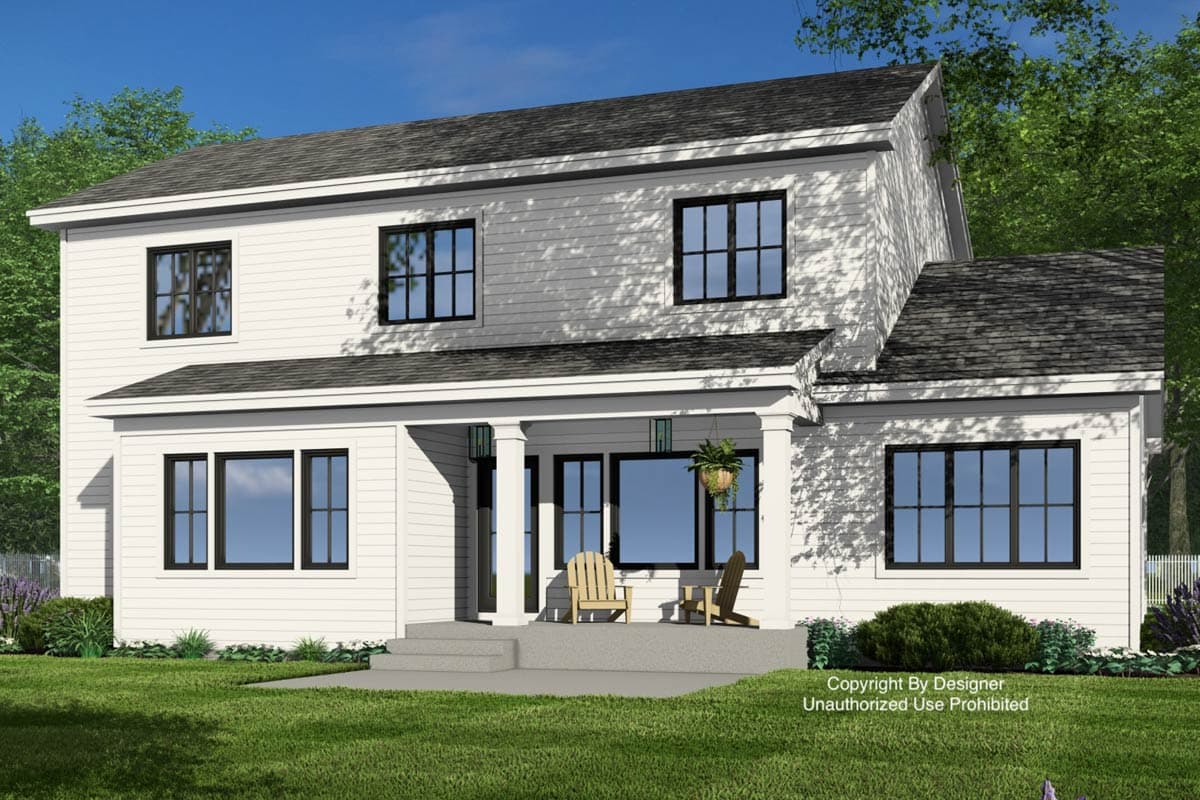 House plan exterior: Two-story Modern Farmhouse with a prominent covered porch, multiple gables, and white horizontal siding.