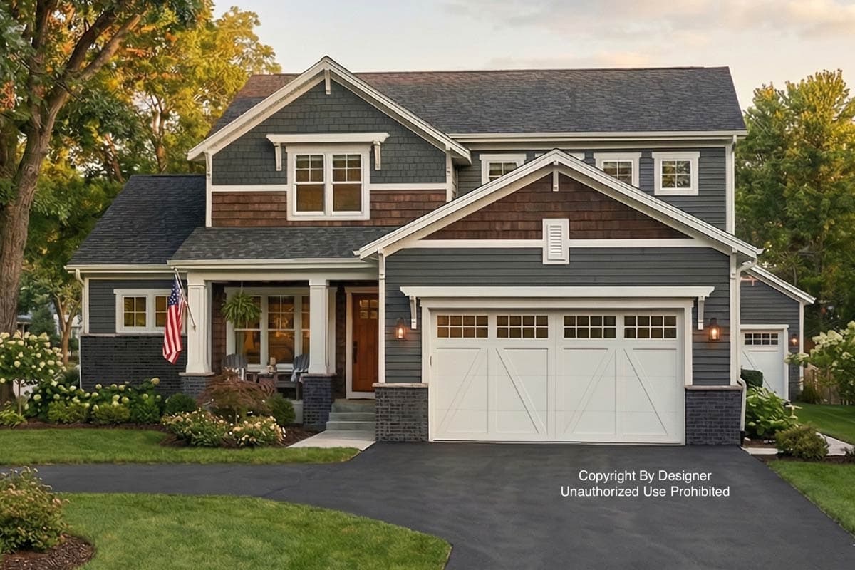 A two-story house with a white garage door and dark gray siding. A US flag hangs on the porch, and the house has a nicely landscaped lawn.