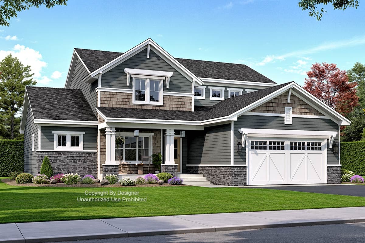 House plan exterior: Two-story Modern Farmhouse with covered front porch, prominent gables, stone skirting, and a side-entry garage.