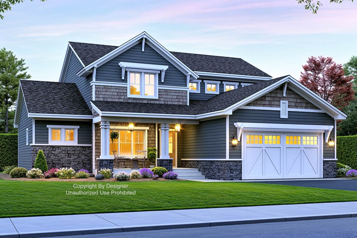 Modern Farmhouse style house plan exterior with two stories, covered porch, gabled dormers, and a side-facing garage.