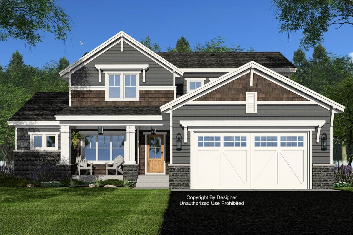 House plan exterior: two-story home with siding, stone accents, covered porch, dormers, and a three-car garage.