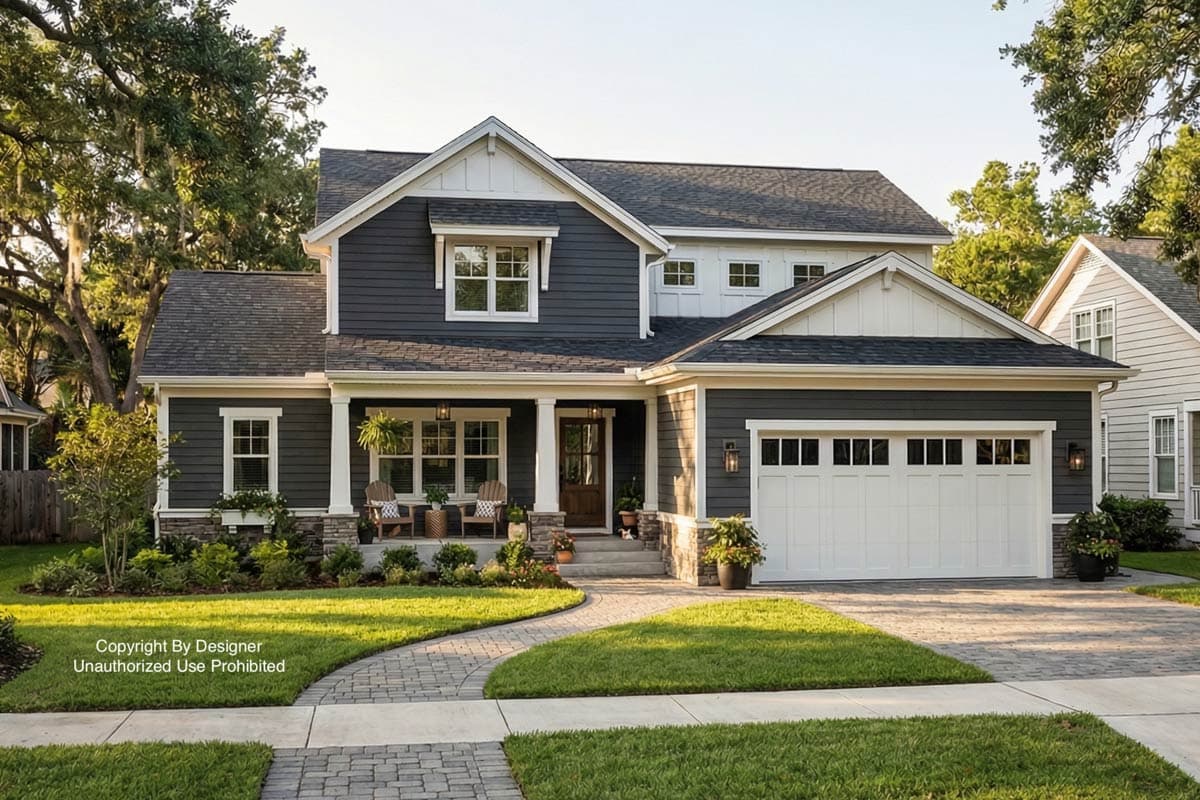 A two-story home with a dark gray exterior, white trim, and a welcoming front porch. A curved stone path leads to the front door from the street.
