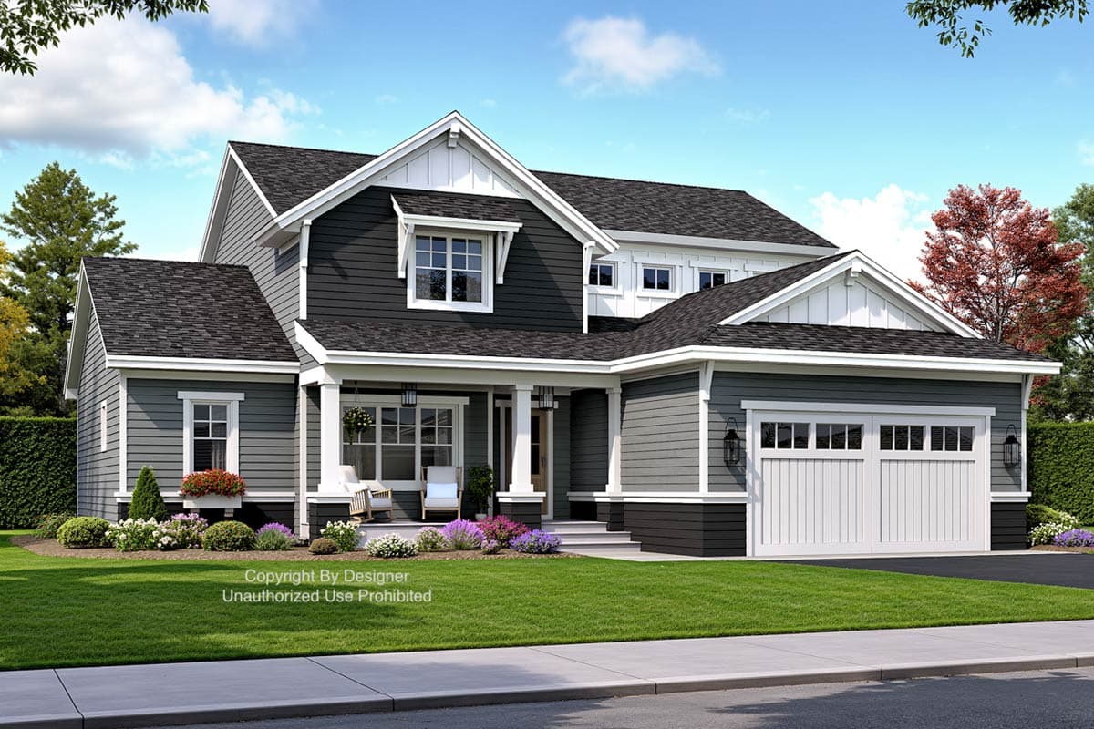 House plan exterior: Two-story home with a covered front porch, gable dormer, and attached two-car garage.