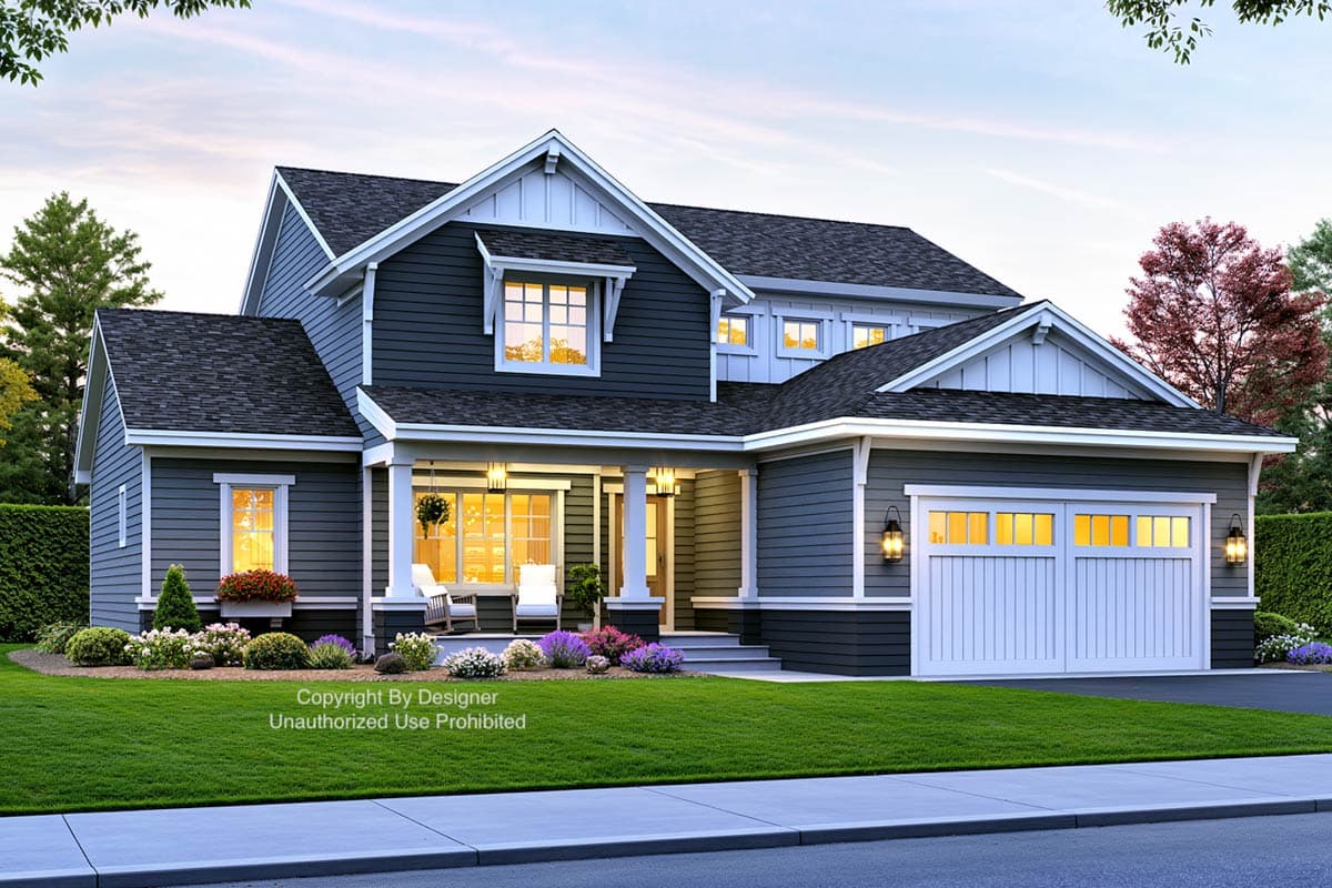 Modern Farmhouse house plan exterior with gabled dormers, covered front porch, and attached two-car garage.