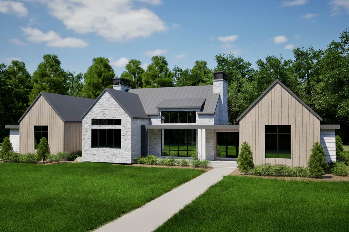 House plan exterior. Modern style with multiple gabled rooflines, stone facade, and large windows. Includes covered walkway and chimney.