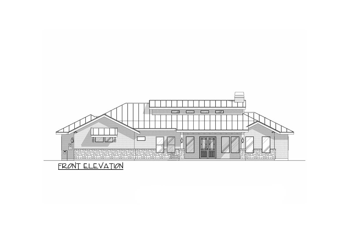 Front elevation drawing of a single-story house with a metal roof, stone base, and large windows.