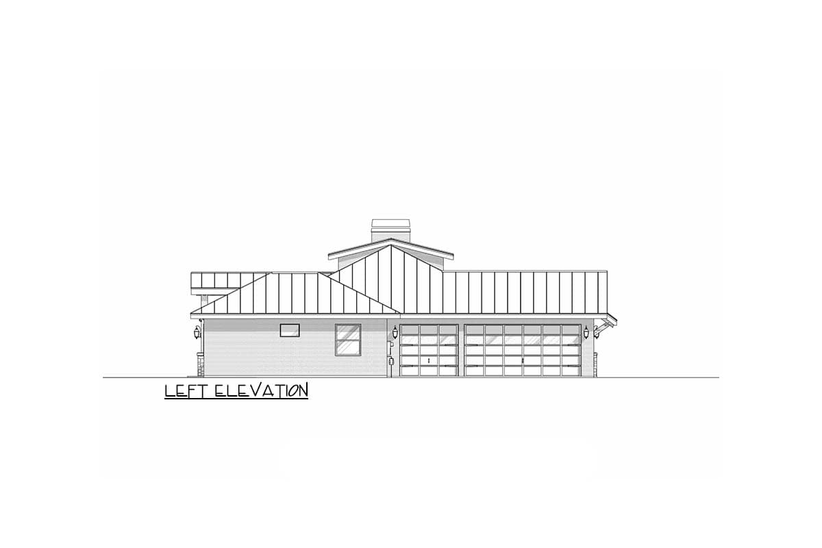 Left elevation drawing of a house plan with a pitched metal roof, multiple garage doors, and a prominent gable.