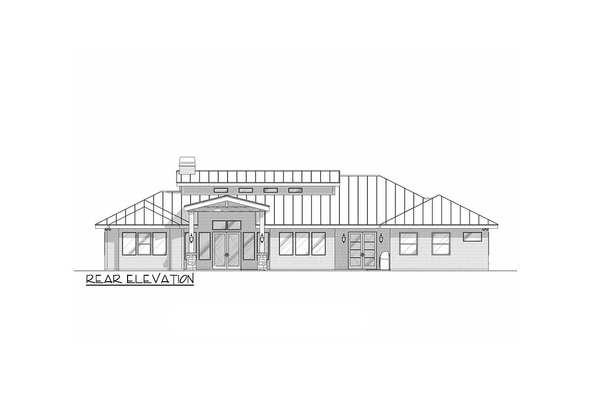 Rear elevation of a house plan with multiple gables, a covered entry with double doors, and numerous windows.
