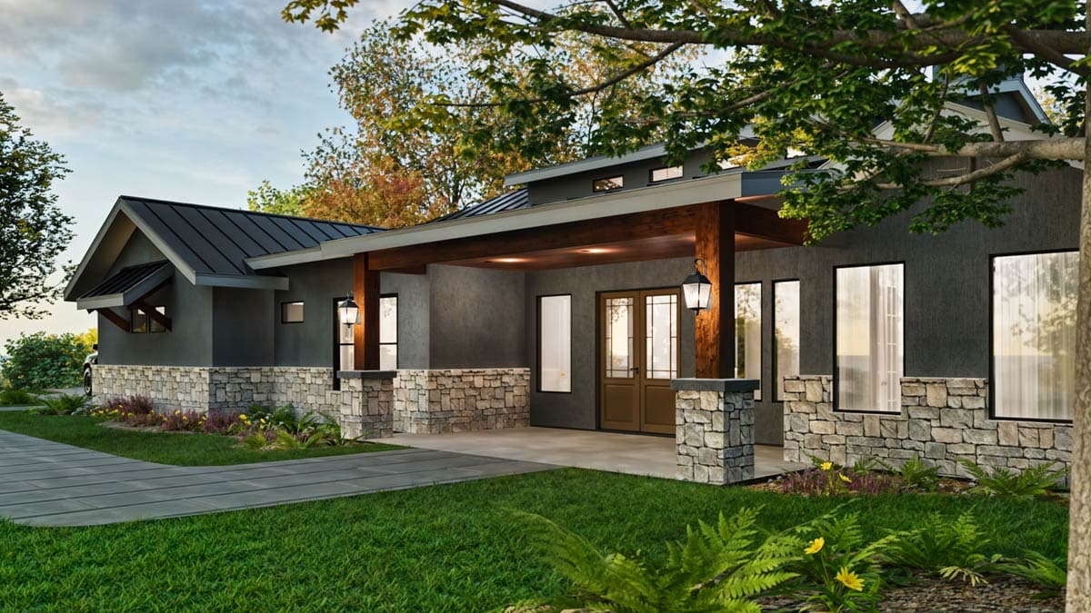 Modern house plan exterior with stone base, covered porch with wood beams, metal roof, and gabled dormer.