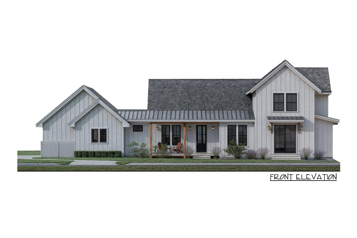 A farmhouse front elevation, featuring white siding, a porch, and a dark gray roof. The house has multiple gables and black windows.