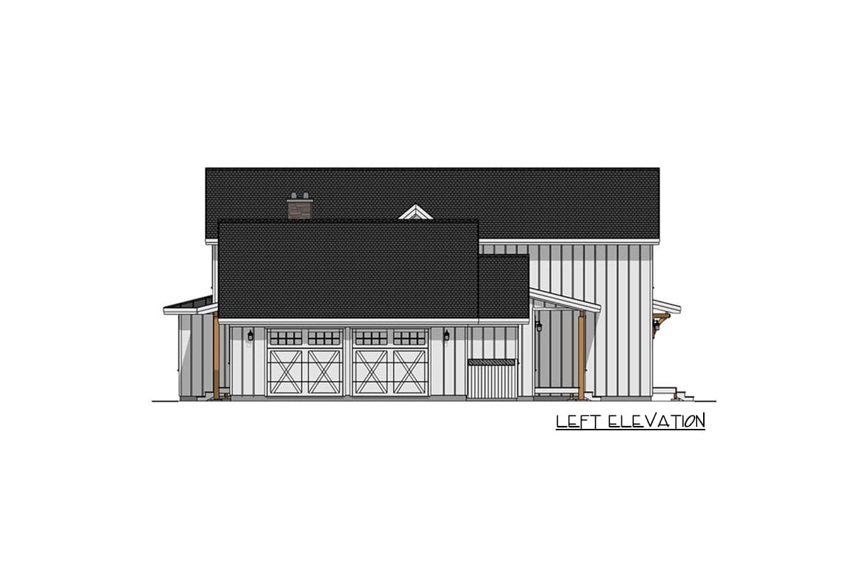 Architectural drawing of a modern farmhouse, showing the left elevation with garage doors and a porch. The roof is black and the siding is white.