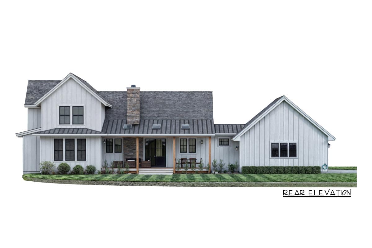 Rear elevation of a modern farmhouse with white siding, dark trim, and a stone chimney. A porch and lawn are in the foreground.