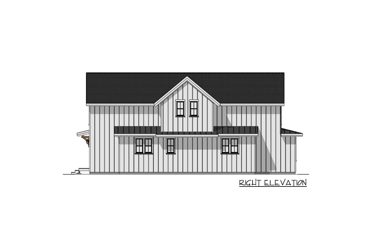Architectural rendering of a modern farmhouse, showing the right elevation. White siding, black roof, and multiple windows are featured.