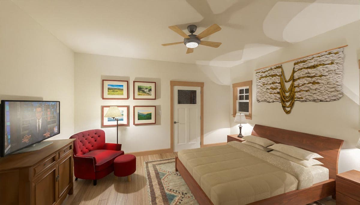 A bedroom features a red chair, a wooden bed, and wall art. A TV shows a news report, and a ceiling fan is visible. The room has soft lighting.
