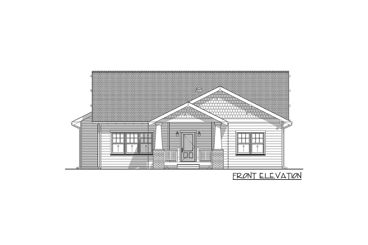 Line drawing of the front elevation of a house, featuring a porch with brick columns and a central door. Windows are located on either side.