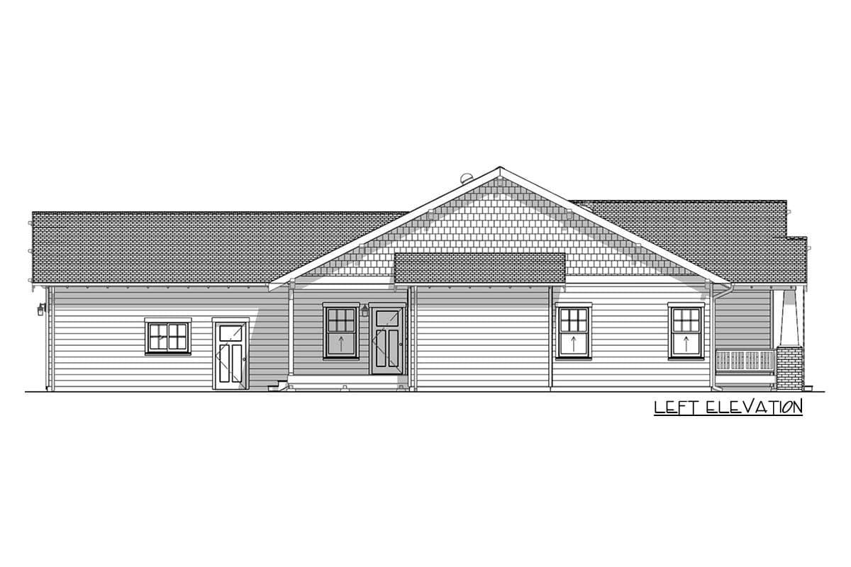 A detailed line drawing presents the left elevation of a house. The house features a gabled roof and a porch, with windows and a door.