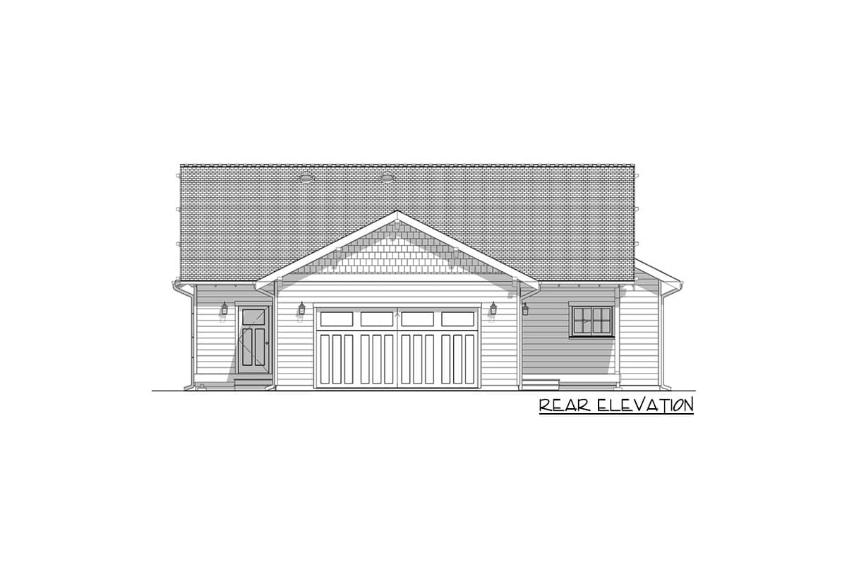 Line drawing of a house rear elevation. Features a garage door, entry door, and small window under a gabled roof. Label reads, 'REAR ELEVATION'.