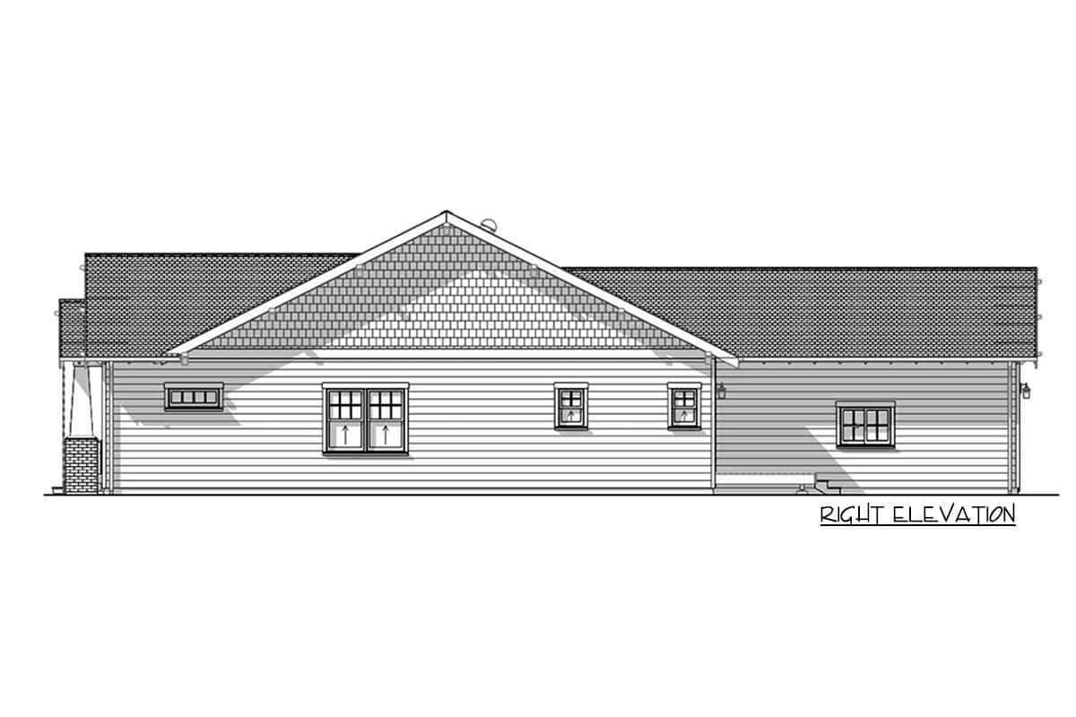 A black and white architectural drawing of a house's right elevation, showing the roof, windows, and siding details.