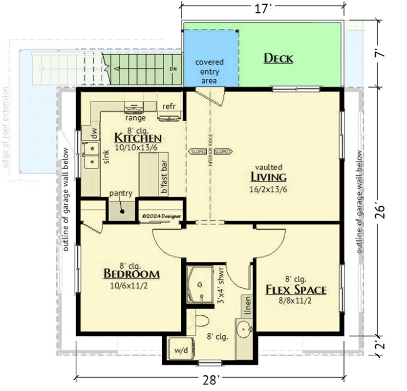 Plan 180012VNW: Modern Farmhouse ADU: 2-Car Garage with 1-Bed Apartment Above - 758 Sq Ft - Floor Plan - 2nd Floor - Carriage, Country, Modern Farmhouse, New American