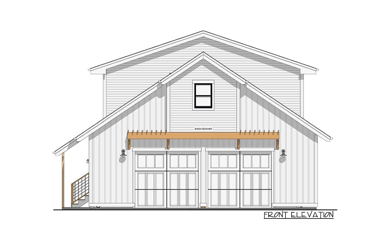 A front elevation architectural drawing of a two-story building.  Features include two garage doors, an upper window, and a pergola above.