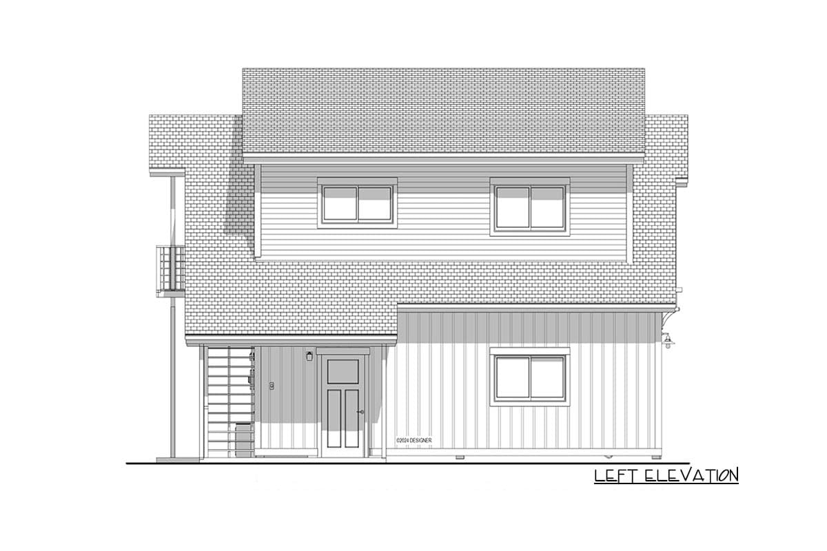 Architectural drawing of a two-story house, left elevation view. Features a balcony, door, windows, and textured roof design.