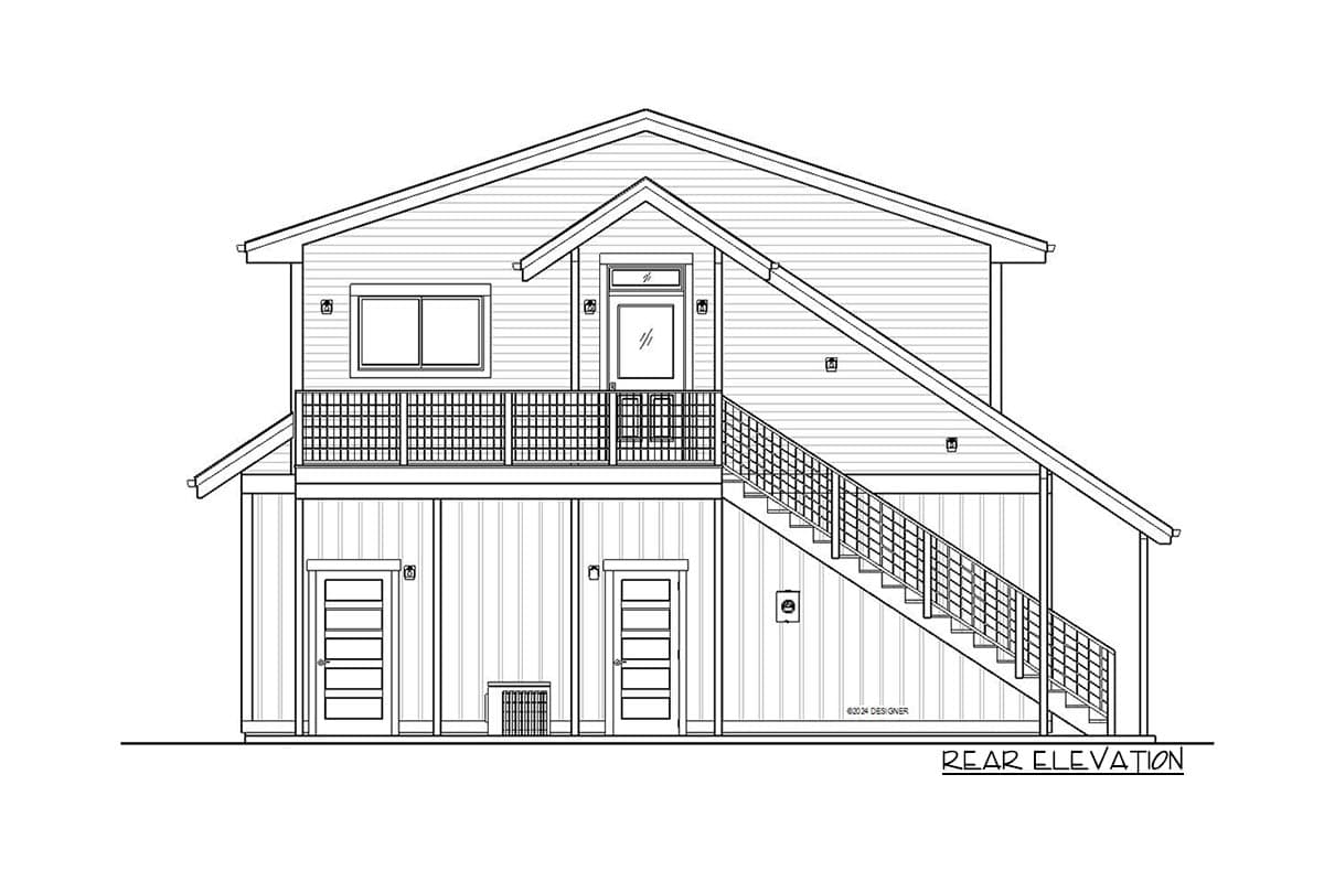Rear elevation blueprint of a two-story home. Features a balcony with stairs, two doors, windows, and angled roof lines, all in detailed lines.