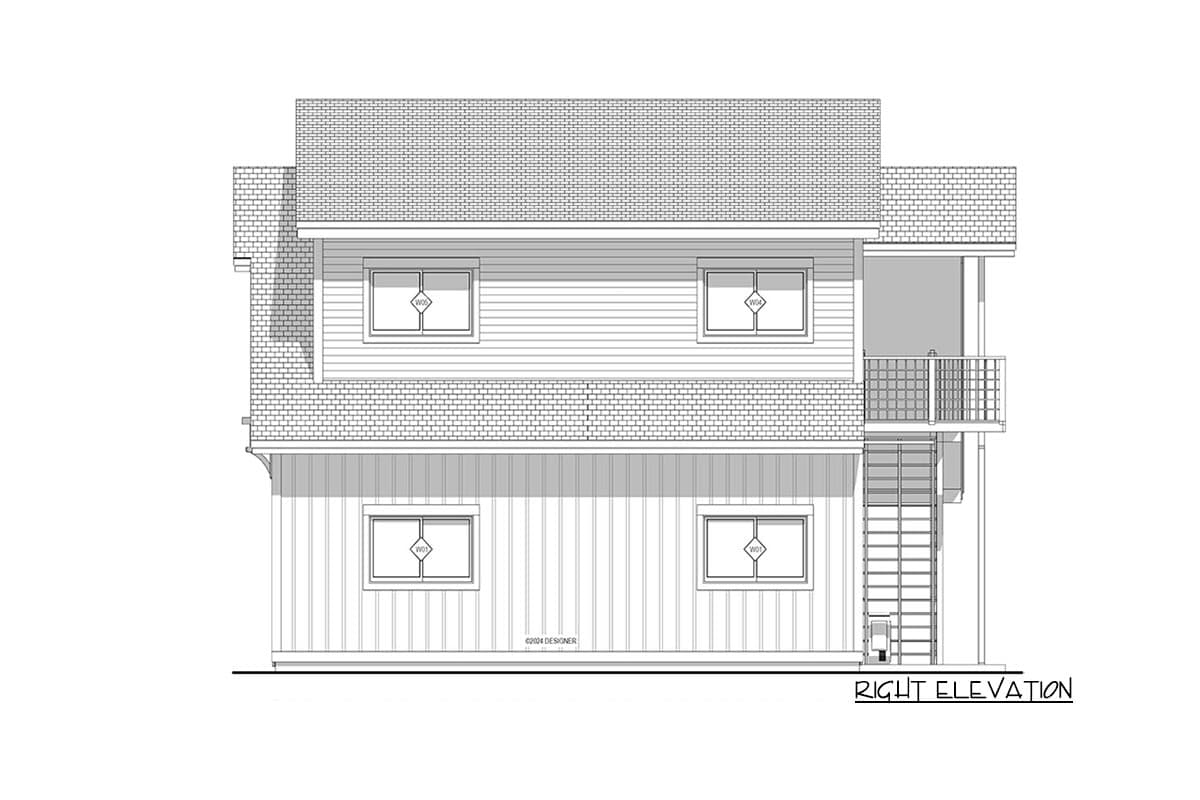 Architectural rendering of a two-story house, right elevation view. Features windows, a balcony with stairs, and a steeply pitched roof.
