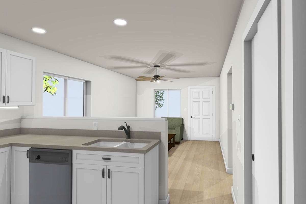 Bright, modern interior rendering of an apartment kitchen and living area. Includes a ceiling fan, white cabinetry, and wooden flooring.