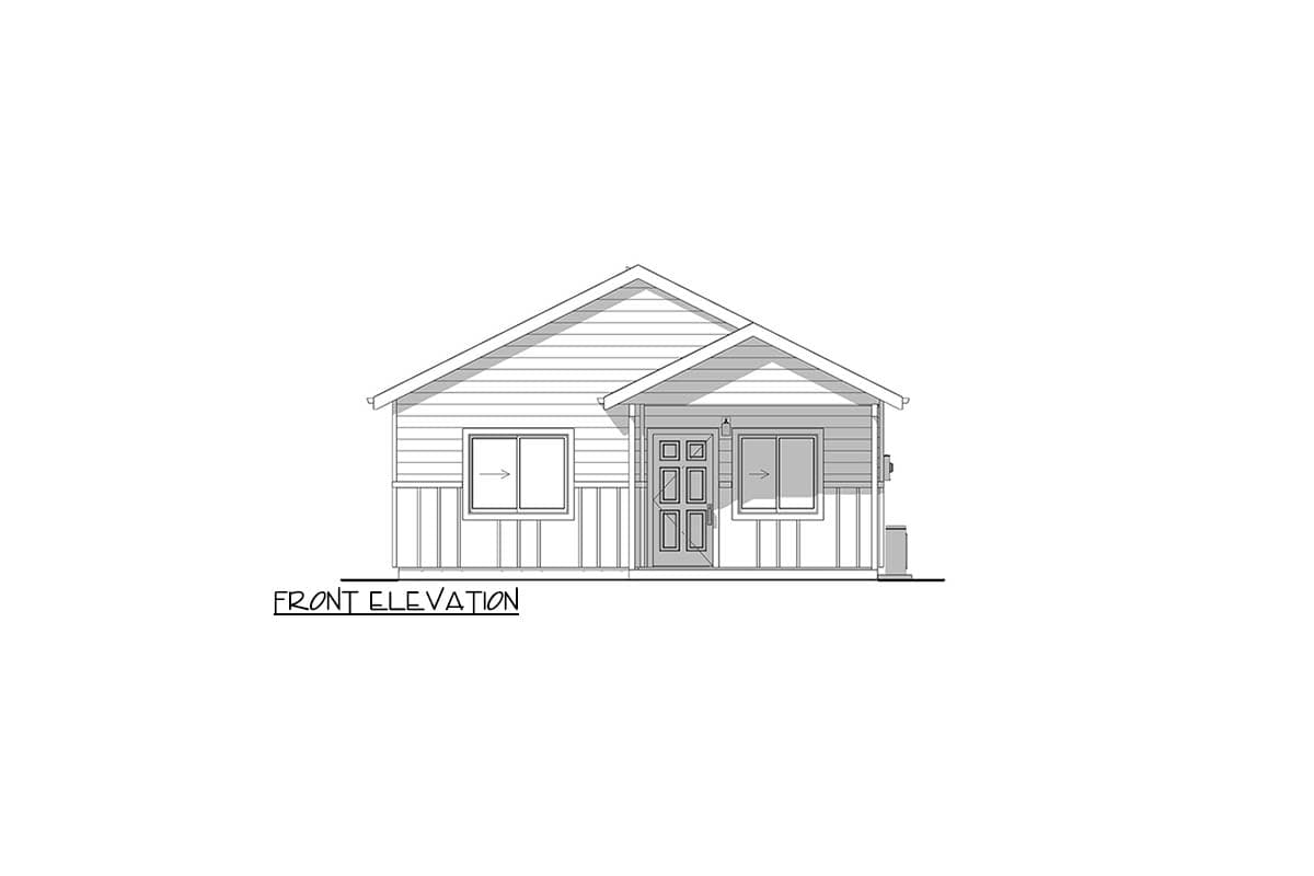 Front elevation sketch of a small house with a gabled roof, centered door, and two windows.  Text beneath reads "FRONT ELEVATION".