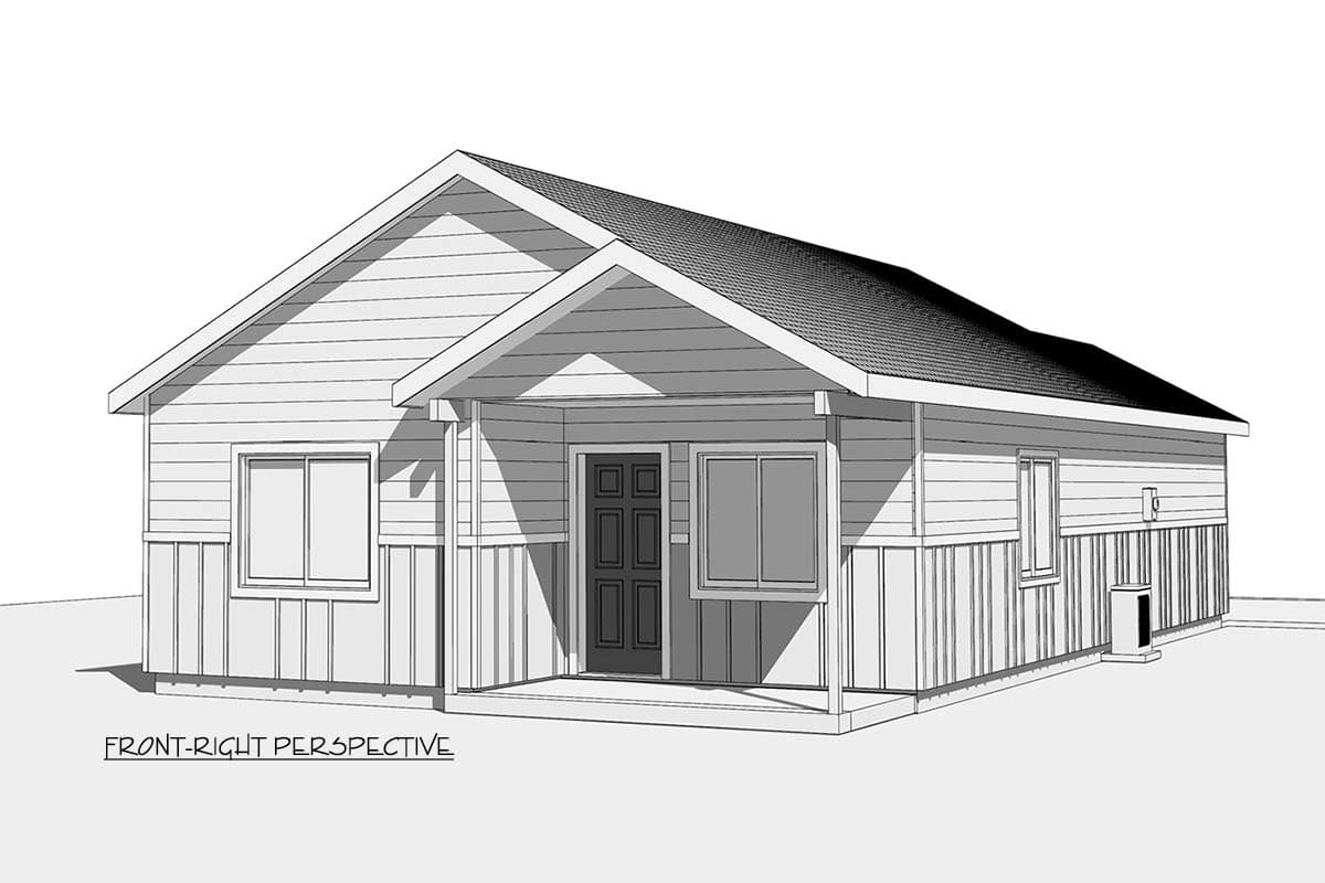 A front-right perspective sketch of a single-story house. The front has a small porch, windows, and a dark door. The roof is angled.